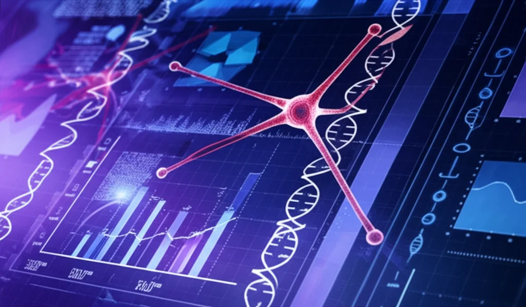 Visualizzazione astratta dell'integrazione di dati multi-omici tramite machine learning per la predizione della risposta terapeutica nel cancro renale. Grafici complessi, reti neurali stilizzate e codici genetici su uno sfondo digitale high-tech blu e viola, illuminazione controllata, obiettivo 50mm, profondità di campo.