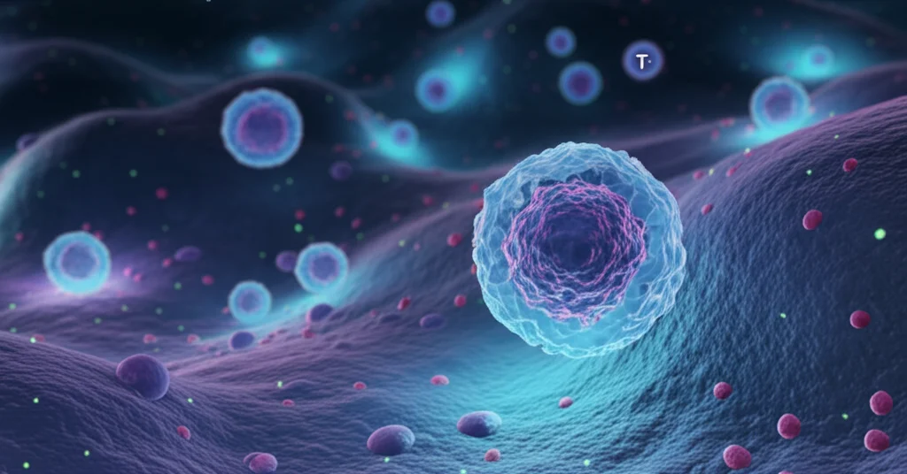 Illustrazione medica fotorealistica che mostra cellule del sistema immunitario, come linfociti T e B, che interagiscono tra loro su uno sfondo scuro. Colori duotone blu e viola, dettagli elevati, profondità di campo.
