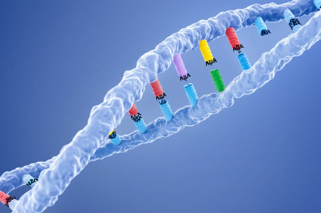 Lenti macro, 80 mm, dettagli elevati, messa a fuoco precisa, illuminazione controllata, rappresentazione visiva di un filamento di elica a doppia DNA con coppie di basi evidenziate specifiche che rappresentano mutazioni del gene PAH comuni presenti nei pazienti turchi PKU.