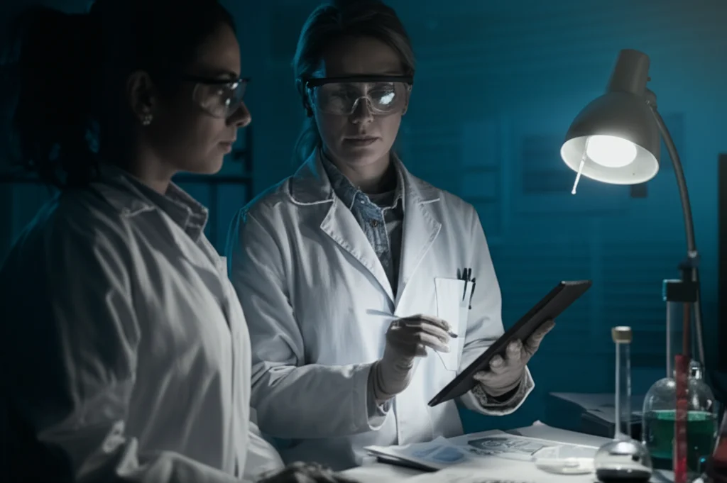 Ritratto di una ricercatrice scientifica che esamina attentamente dei grafici su un tablet in un laboratorio moderno. Luce soffusa laterale, stile film noir, obiettivo 35mm, bianco e nero.