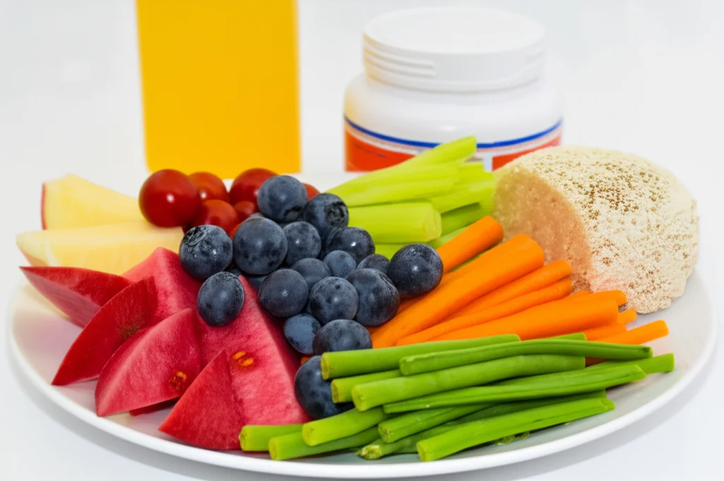 Still Life, lenti macro, 70 mm, dettagli elevati, illuminazione controllata, una piastra accuratamente disposta che mostra cibi a bassa fenilalanina come frutta specifica, verdura e formula medica specializzata insieme a un contenitore di integratore di aminoacidi.