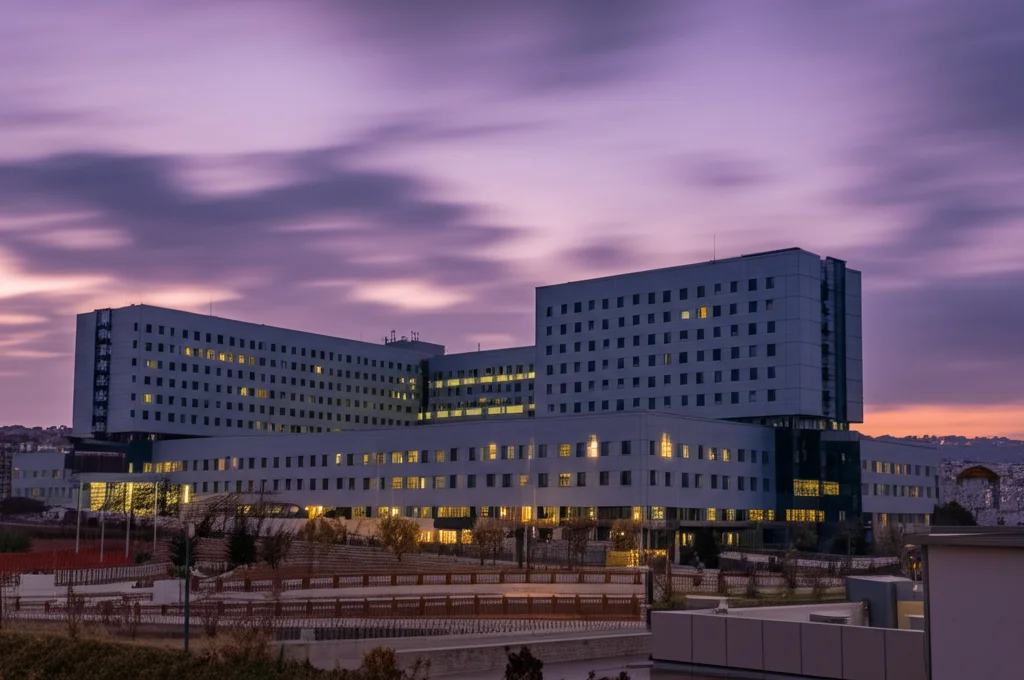 Angolo largo, 10-24 mm, focus acuto, lunga esposizione, nuvole lisce, vista paesaggistico di un moderno edificio ospedaliero pediatrico al tramonto di Ankara, in Turchia, che simboleggia la speranza e l'assistenza medica avanzata per i disturbi metabolici.
