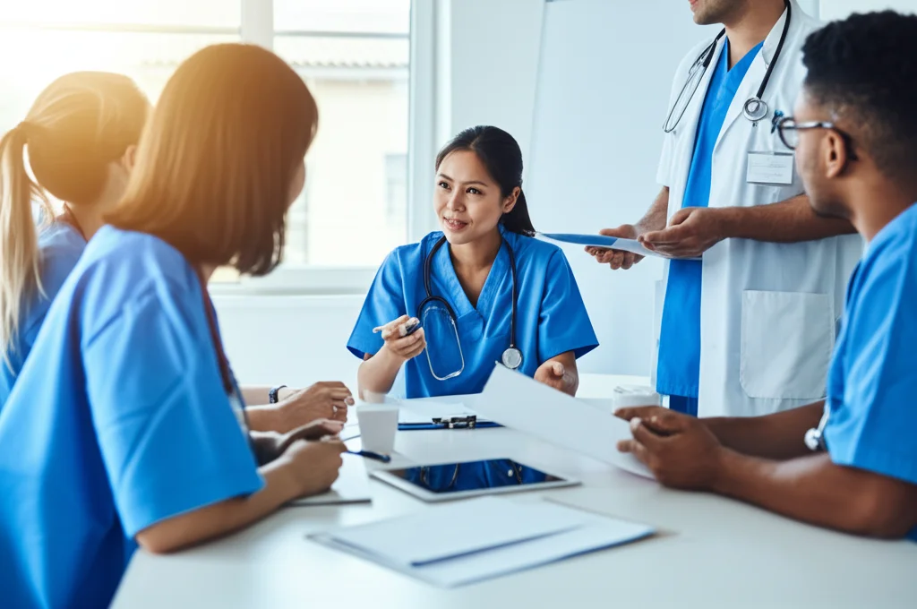 Immagine fotorealistica di un team infermieristico multidisciplinare in una riunione in una sala luminosa di un ospedale. Stanno discutendo attorno a un tavolo con cartelle cliniche e un tablet. Obiettivo zoom 24-70mm, luce naturale dalla finestra, focus sul gruppo.