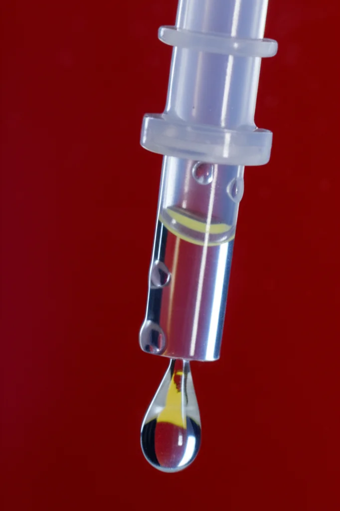 Fotografia macro di gocce di una soluzione nutrizionale trasparente che cadono da un deflussore per nutrizione enterale. Obiettivo macro 90mm, alta definizione, illuminazione laterale controllata per evidenziare la trasparenza e la forma delle gocce.