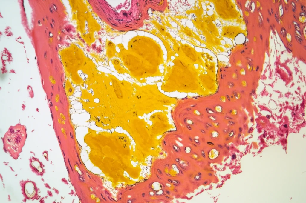 Immagine macro ad alta definizione di una placca aterosclerotica all'interno di un'arteria umana sezionata, illuminazione controllata per evidenziare i depositi lipidici giallastri e le aree di calcificazione biancastre, obiettivo macro 100mm, alta definizione.