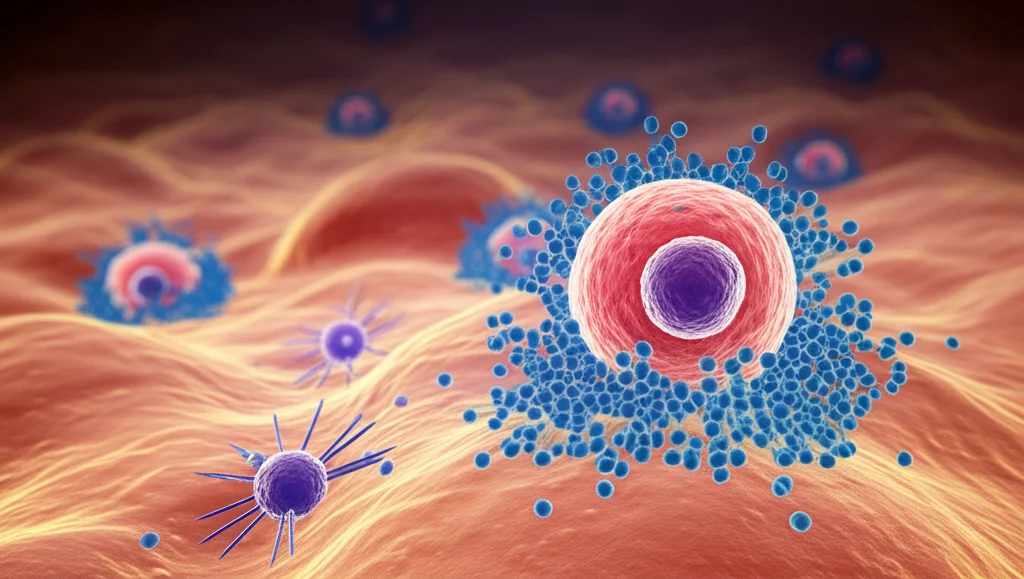 Primo piano macro di cellule tiroidee stilizzate interagenti con cellule immunitarie T, illuminazione controllata, alta definizione, 100mm Macro lens, a simboleggiare la correlazione tra disfunzione tiroidea e risposta immunitaria nel cancro.