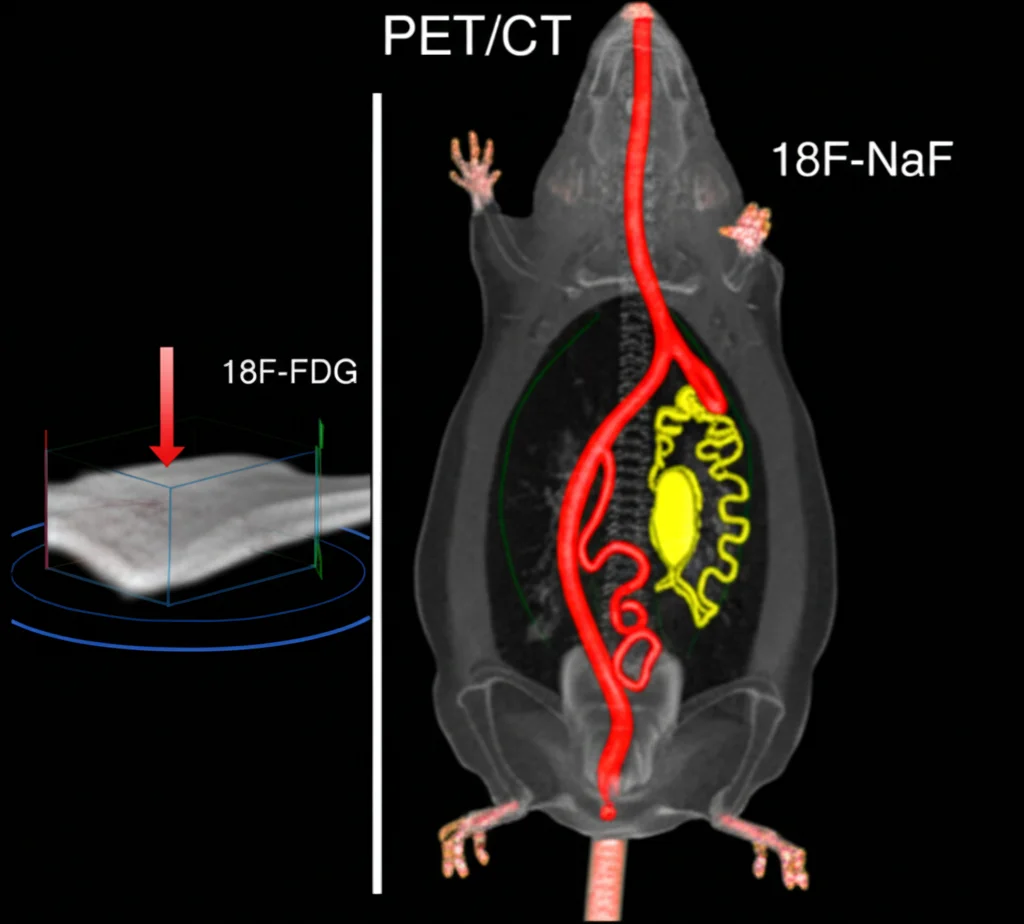 Visualizzazione 3D da scansione PET/CT che mostra l'aorta di un topo con aree evidenziate di captazione del tracciante 18F-FDG (in rosso, indicante infiammazione) e 18F-NaF (in giallo, indicante calcificazione attiva), fusione di immagini molecolari e anatomiche su sfondo scuro.