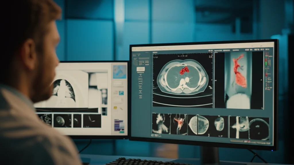 Ricercatore scientifico che analizza immagini mediche PET/CT sovrapposte dell'aorta su un monitor ad alta risoluzione in un laboratorio di ricerca moderno e luminoso, profondità di campo per mettere a fuoco lo schermo e le immagini dettagliate, obiettivo 35mm.