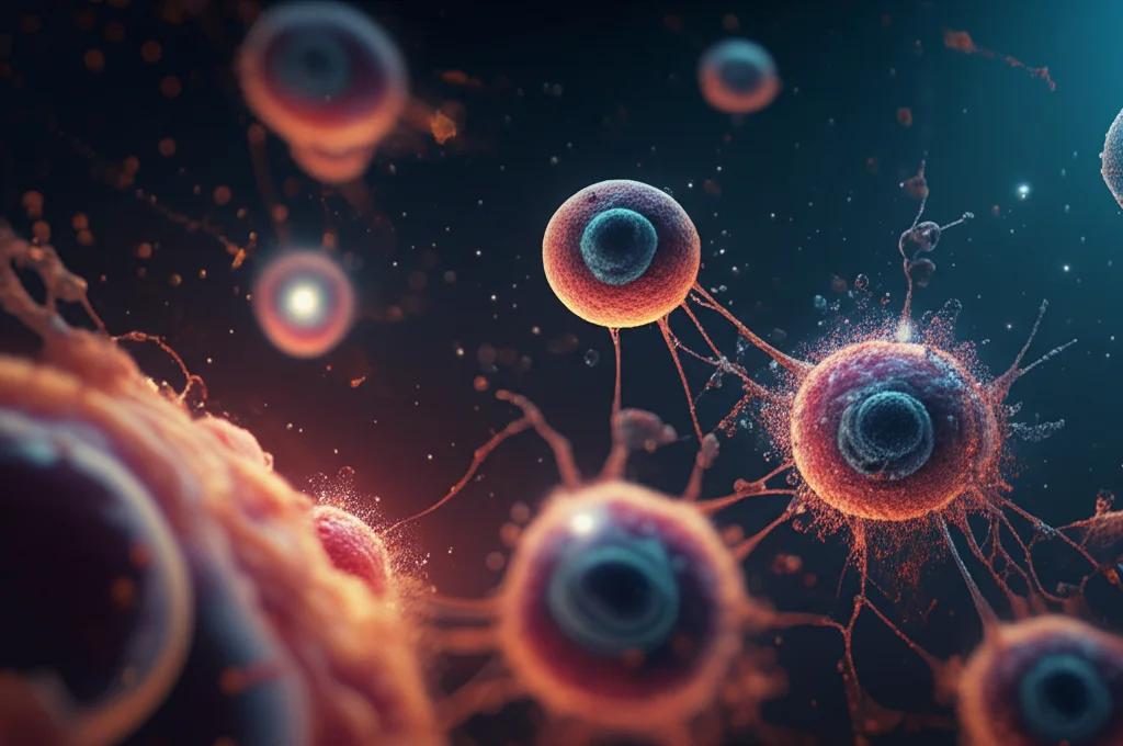 Visualizzazione astratta del sistema immunitario che attacca sia le cellule tumorali polmonari che le cellule tiroidee, sfondo scuro con punti luce brillanti, stile cinematografico, profondità di campo, 35mm prime lens, per illustrare l'effetto bystander e i cross-antigeni.