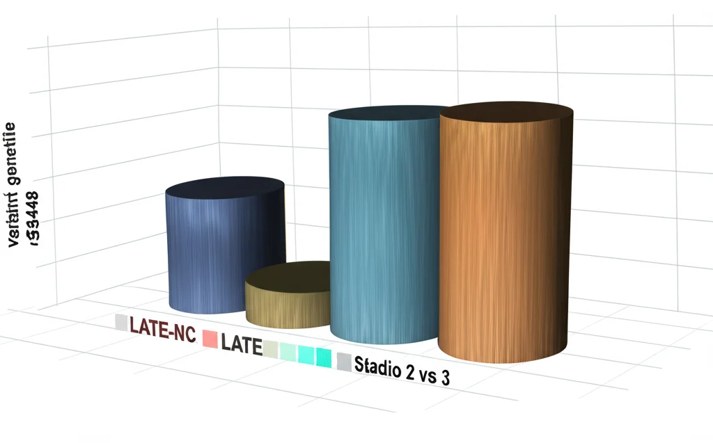 Grafico a barre scientifico stilizzato ma fotorealistico che mostra la correlazione tra varianti genetiche (es. GRN rs5848) e stadi di malattia (LATE-NC Stadio 2 vs 3). Barre tridimensionali con texture metallica, sfondo pulito con griglia sottile, illuminazione da studio, obiettivo 50mm.