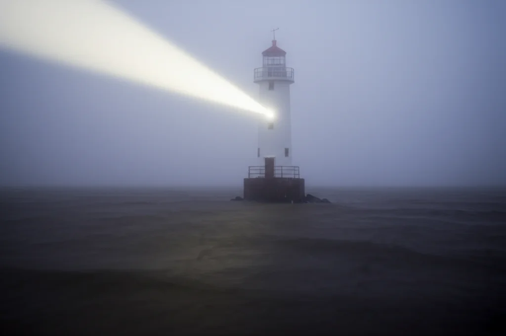 Immagine simbolica di un faro che proietta un fascio di luce nella nebbia su un mare mosso, rappresentando la guida dell'onestà intellettuale in situazioni complesse. Wide-angle lens 20mm, long exposure per ammorbidire l'acqua, focus nitido sul faro.