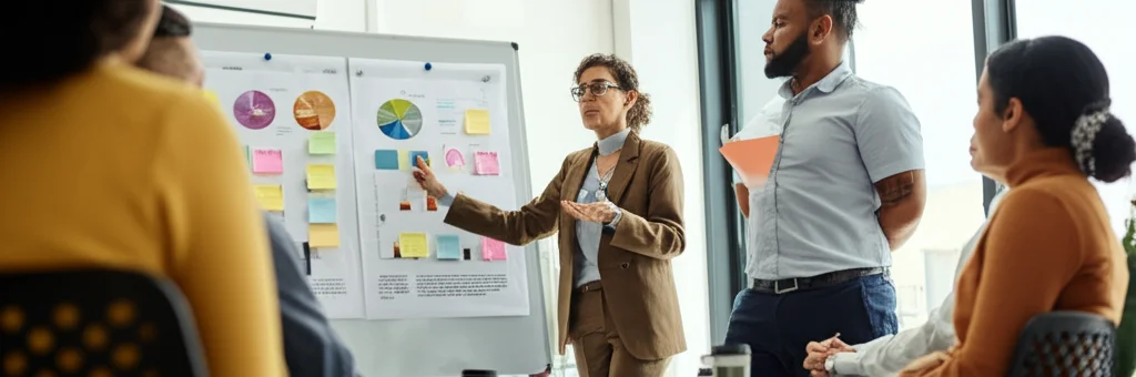 Un gruppo diversificato di persone in un workshop di career coaching, una persona sta presentando slide con grafici linguistici e parole chiave positive. Ambiente collaborativo e luminoso. Obiettivo zoom 24-70mm, luce naturale, espressioni concentrate ma positive sui volti.