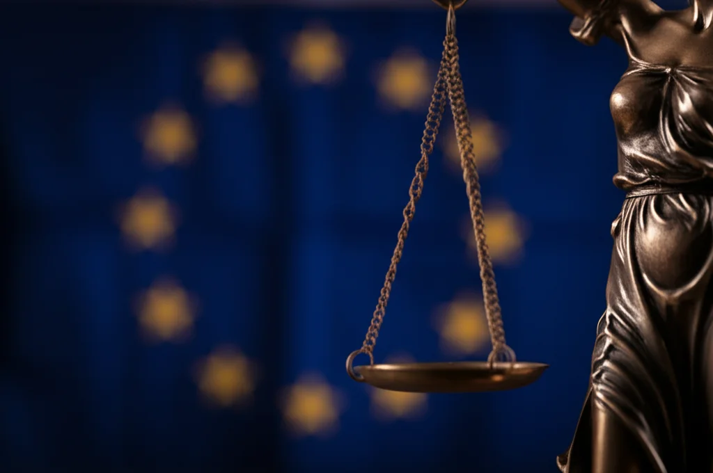 Primo piano simbolico di una bilancia della giustizia leggermente sbilanciata, con la bandiera dell'Unione Europea visibile sullo sfondo sfocato. Illuminazione drammatica e controllata, obiettivo macro 90mm, alta definizione con messa a fuoco selettiva sulla bilancia.