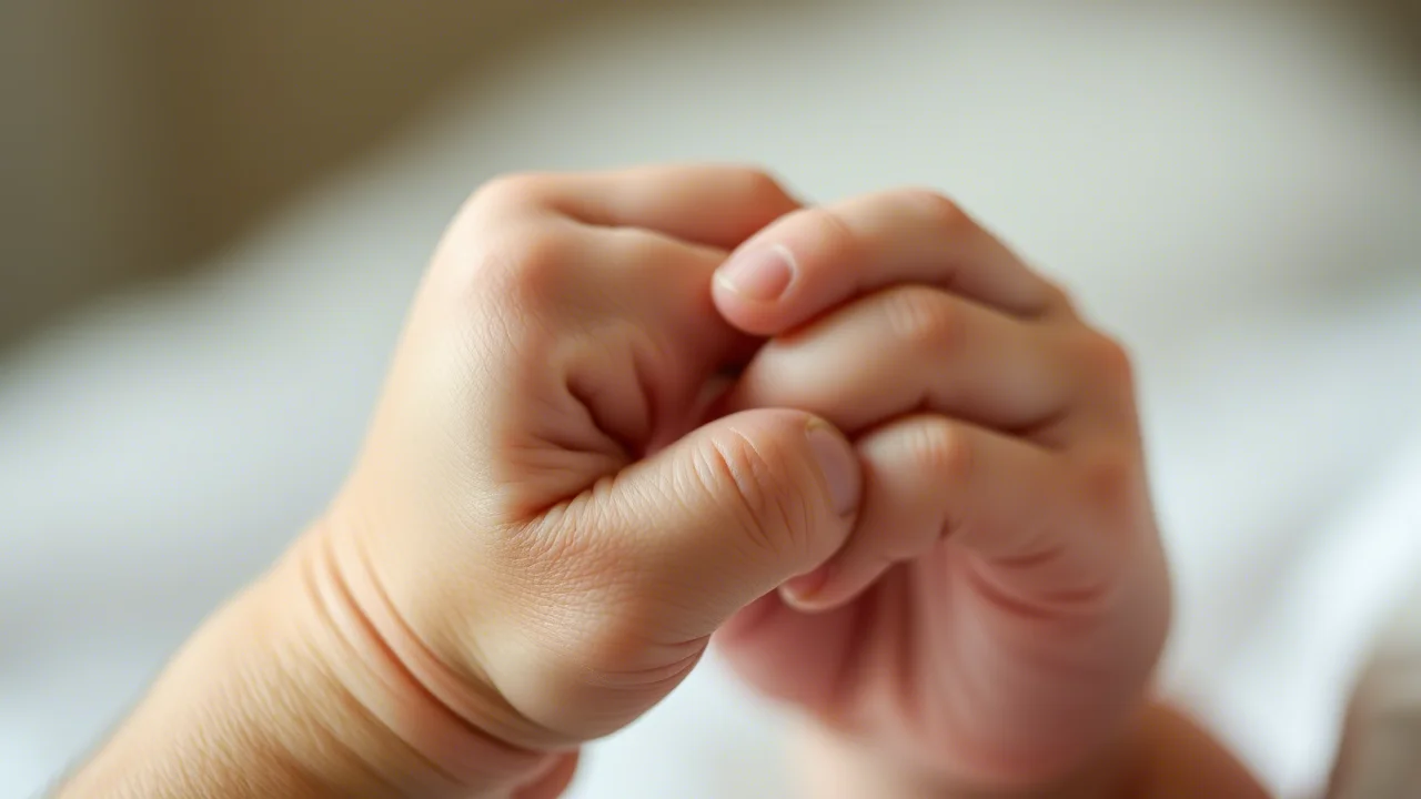 Macro fotografia, 85mm lens, della mano piccola di un neonato che stringe delicatamente il dito indice di un adulto. L'illuminazione è morbida e controllata, mettendo in risalto l'alta definizione della pelle e il gesto di fiducia e interdipendenza. Lo sfondo è sfocato per concentrare l'attenzione sulla connessione tra le due mani.