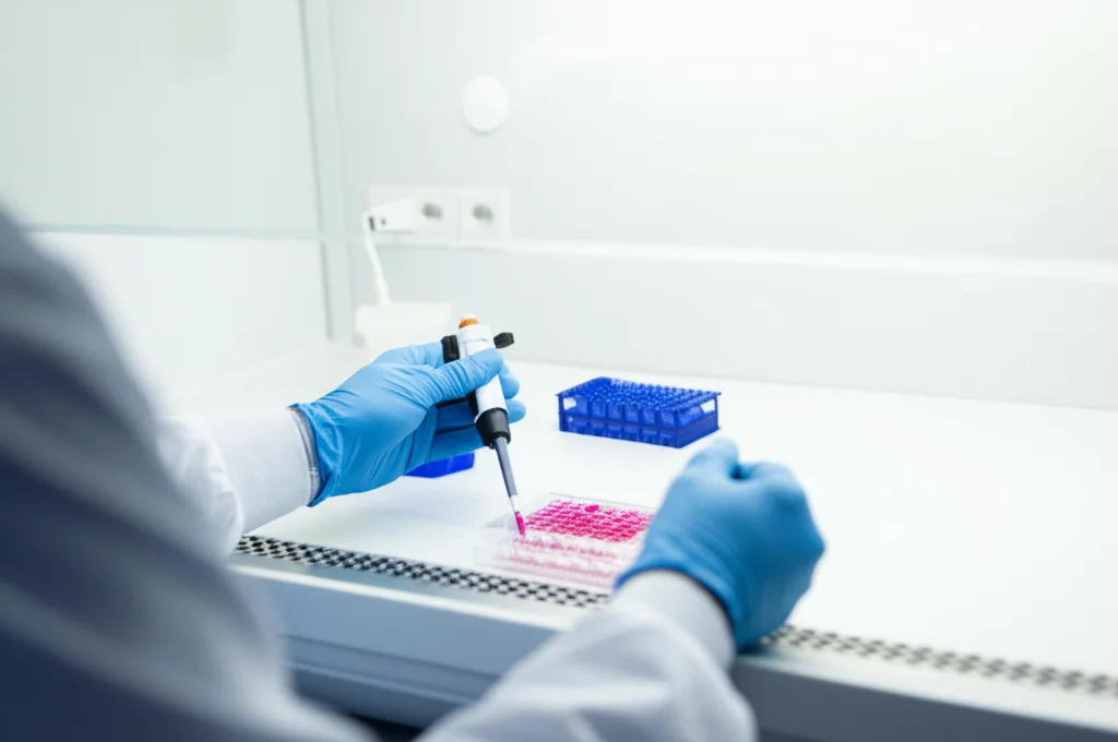 Fotografia scattata con obiettivo prime da 50mm che mostra un tecnico di laboratorio, con guanti e camice, mentre pipetta con precisione un campione liquido colorato in una piastra multi-pozzetto sotto una cappa a flusso laminare. L'illuminazione è controllata e focalizzata sull'azione, creando una profondità di campo ridotta che sfoca leggermente lo sfondo del laboratorio. Simboleggia la fase di analisi diagnostica del protocollo AES.