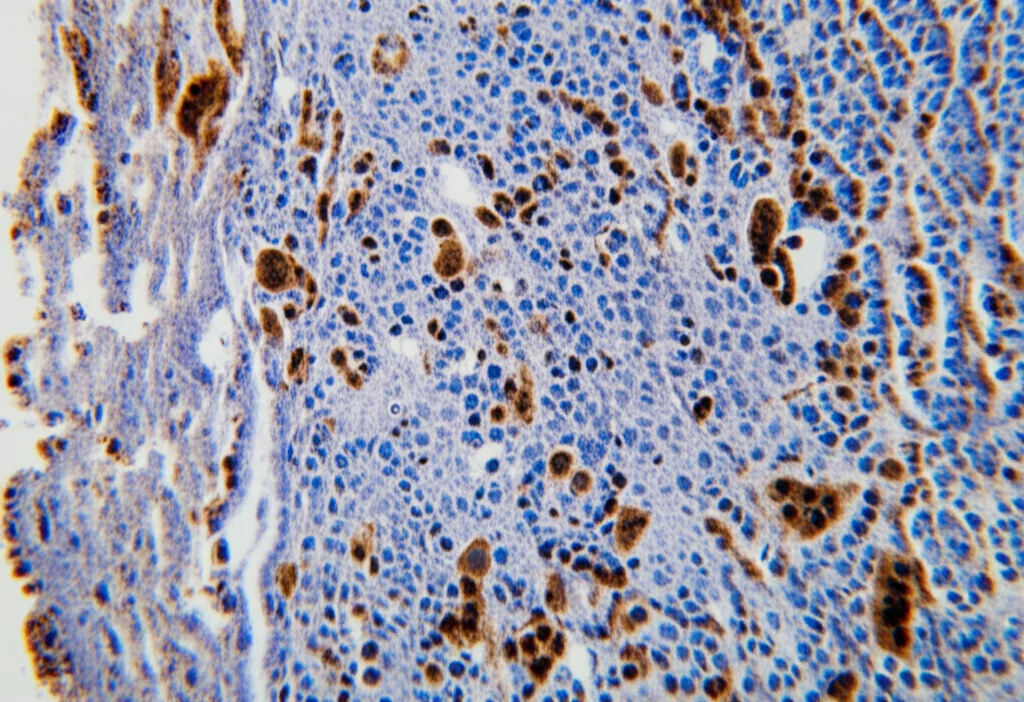 Immagine macro di una sezione di tessuto renale affetto da carcinoma a cellule chiare (ccRCC), illuminazione controllata per evidenziare le differenze cellulari tra tessuto sano e tumorale, lente macro 90mm, alta definizione dei dettagli, focus preciso sulle aree con diversa espressione di FOXM1 (ipotetica).