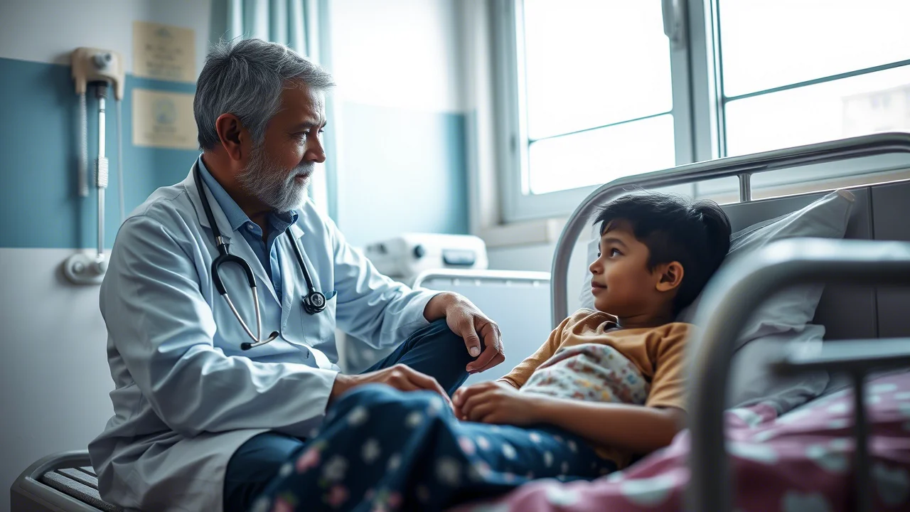Fotografia scattata con obiettivo prime da 35mm in un ospedale indiano. Un medico dall'aspetto gentile e rassicurante è seduto accanto al letto di un bambino piccolo (circa 5 anni), parlandogli dolcemente. La luce naturale entra da una finestra vicina, illuminando la scena. La profondità di campo è utilizzata per mantenere a fuoco il medico e il bambino, sfocando leggermente lo sfondo della stanza d'ospedale. L'immagine trasmette cura, empatia e il contesto clinico della sorveglianza AES.