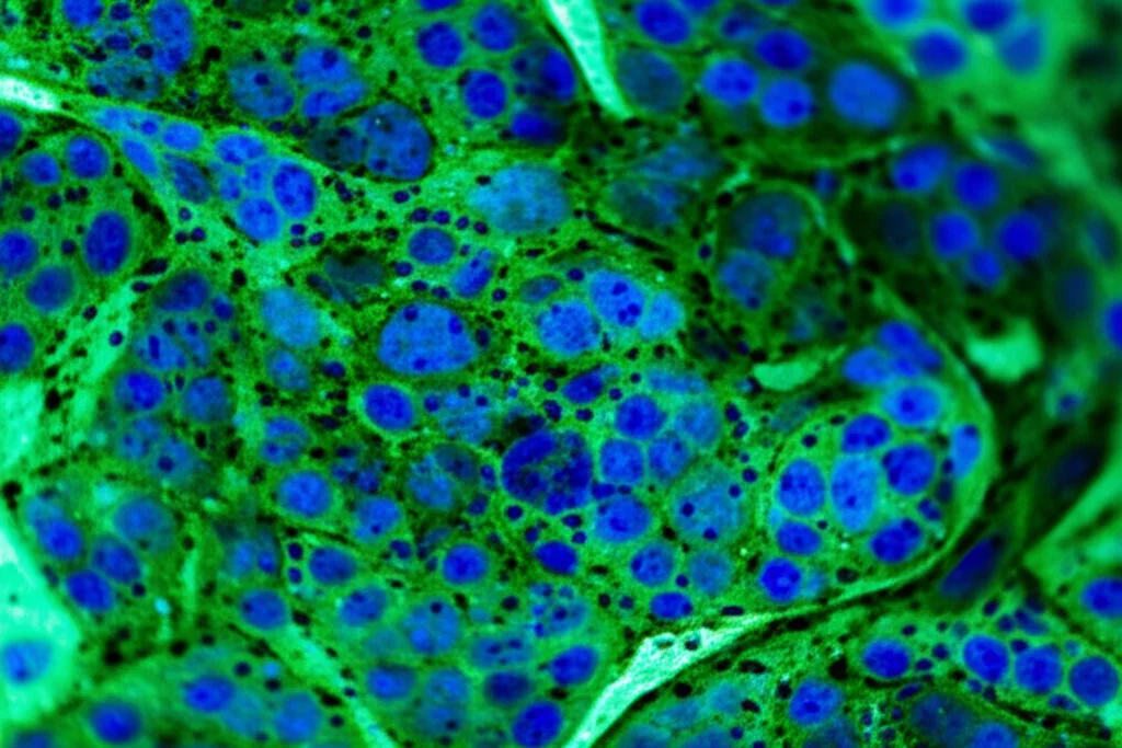 Visualizzazione microscopica del microambiente tumorale del ccRCC, con cellule immunitarie (linfociti T CD8+ evidenziati in blu, macrofagi in verde) che infiltrano il tessuto tumorale, profondità di campo ridotta per focalizzare su un gruppo di cellule, lente prime 50mm, duotone blu e verde, alta definizione.