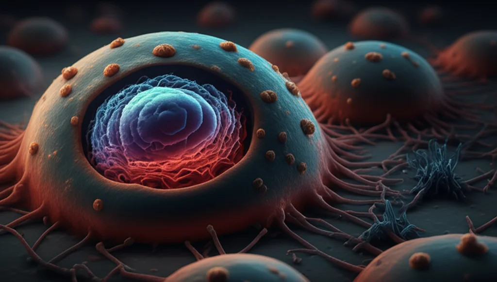 Illustrazione concettuale astratta che rappresenta una cellula tumorale renale (con alta espressione di FOXM1, evidenziata in rosso) che interagisce con una cellula T immunitaria (in blu), bloccandone l'azione, sfondo scuro, illuminazione drammatica stile film noir, lente 35mm, profondità di campo.