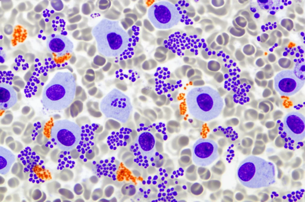 Immagine macro ad alta definizione di cellule del midollo osseo al microscopio elettronico, con alcune cellule leucemiche residue evidenziate, illuminazione controllata ad alto contrasto, lente macro 105mm, focus estremamente preciso sui dettagli cellulari.