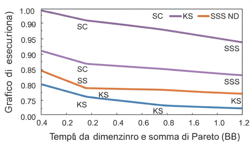 Grafico a linee moderno e pulito che mostra i tempi di esecuzione (asse y, scala logaritmica) rispetto alla dimensione dell'input (asse x) per diversi algoritmi di somma di Pareto. Le linee per SC e SSS sono nettamente inferiori a quelle per KS e ND, evidenziando un miglioramento di ordini di grandezza. Stile infografica, focus nitido.