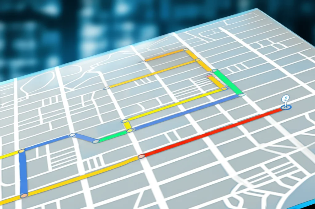 Immagine fotorealistica di una mappa stradale complessa visualizzata su uno schermo trasparente futuristico. Diverse rotte tra due punti sono evidenziate, alcune colorate diversamente per rappresentare diverse combinazioni ottimali di tempo e distanza (Pareto-ottimali). Obiettivo grandangolare 24mm, messa a fuoco nitida, effetto profondità di campo.
