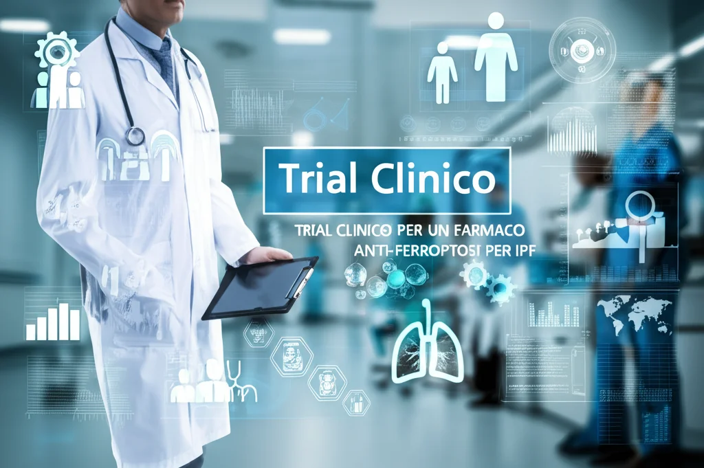 Immagine concettuale di un trial clinico per un farmaco anti-ferroptosi per l'IPF. Si vedono medici e pazienti in un ambiente ospedaliero moderno, con grafici e dati scientifici sullo sfondo. Stile fotorealistico, obiettivo 35mm, colori tenui.