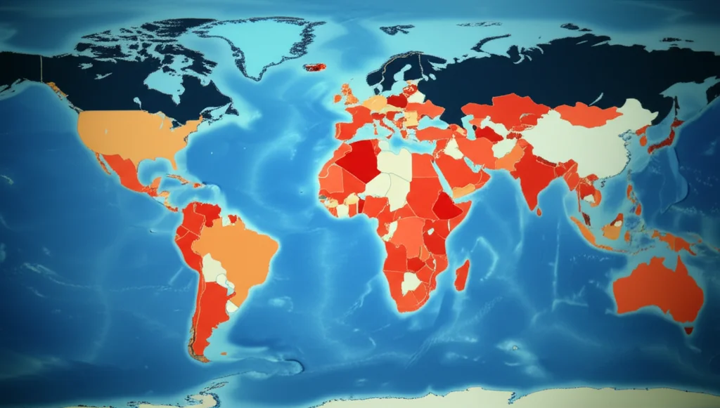 Mappa del mondo stilizzata che mostra i tassi di incidenza del cancro al pancreas a esordio precoce, con colori più intensi nelle regioni ad alta incidenza come l'Europa centrale e orientale. Fotografia grandangolare, 15mm, messa a fuoco nitida, illuminazione drammatica per evidenziare le disparità.