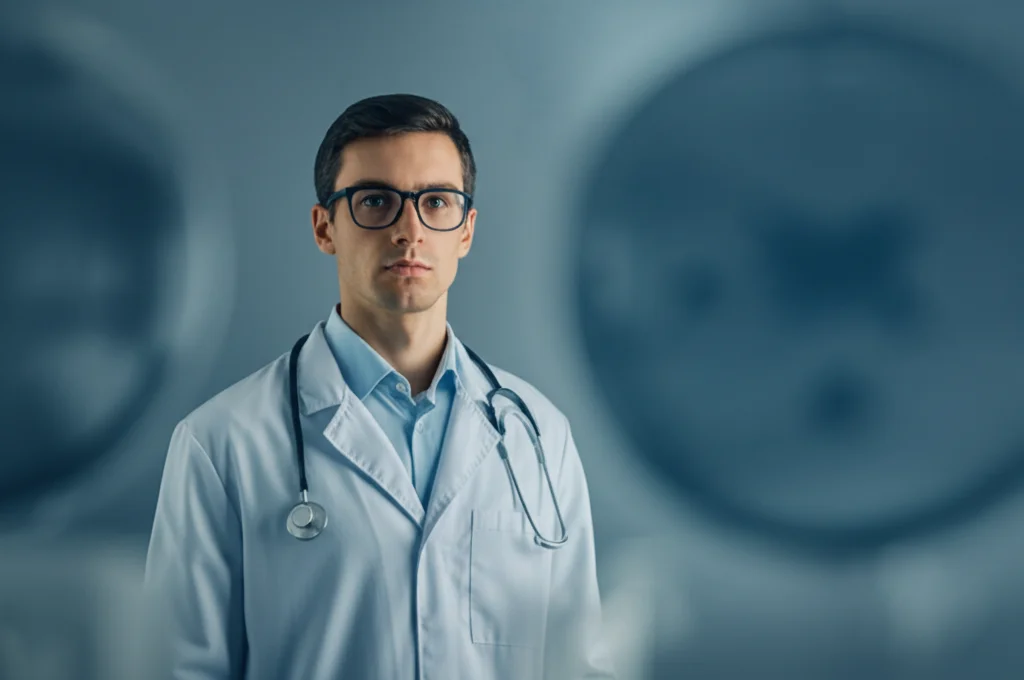 Ritratto di un giovane ricercatore o medico che guarda con determinazione verso il futuro, simboleggiando la speranza nella prevenzione e nel trattamento del cancro al pancreas a esordio precoce. Lente prime 35mm, profondità di campo, toni duo blu e grigio per un'atmosfera seria ma speranzosa.