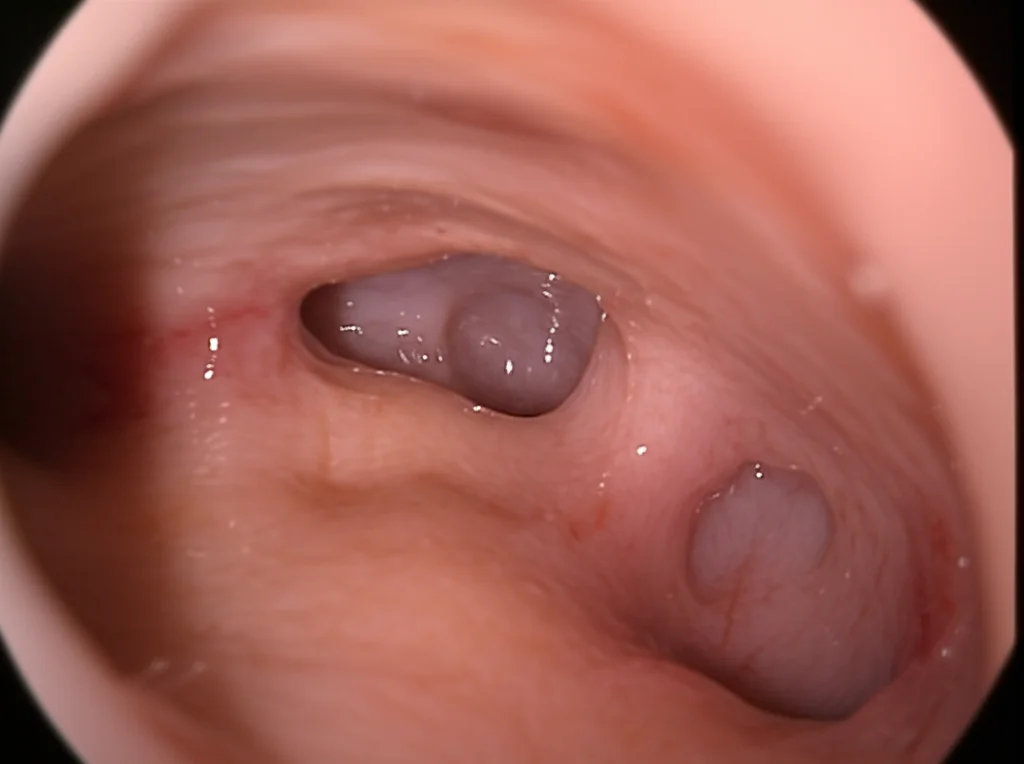 Fotografia macro di una lesione sottoglottica ipervascolarizzata all'interno della trachea, vista attraverso un broncoscopio. Obiettivo macro 90mm, illuminazione controllata per evidenziare i dettagli vascolari e la difficile accessibilità anatomica, alta definizione.
