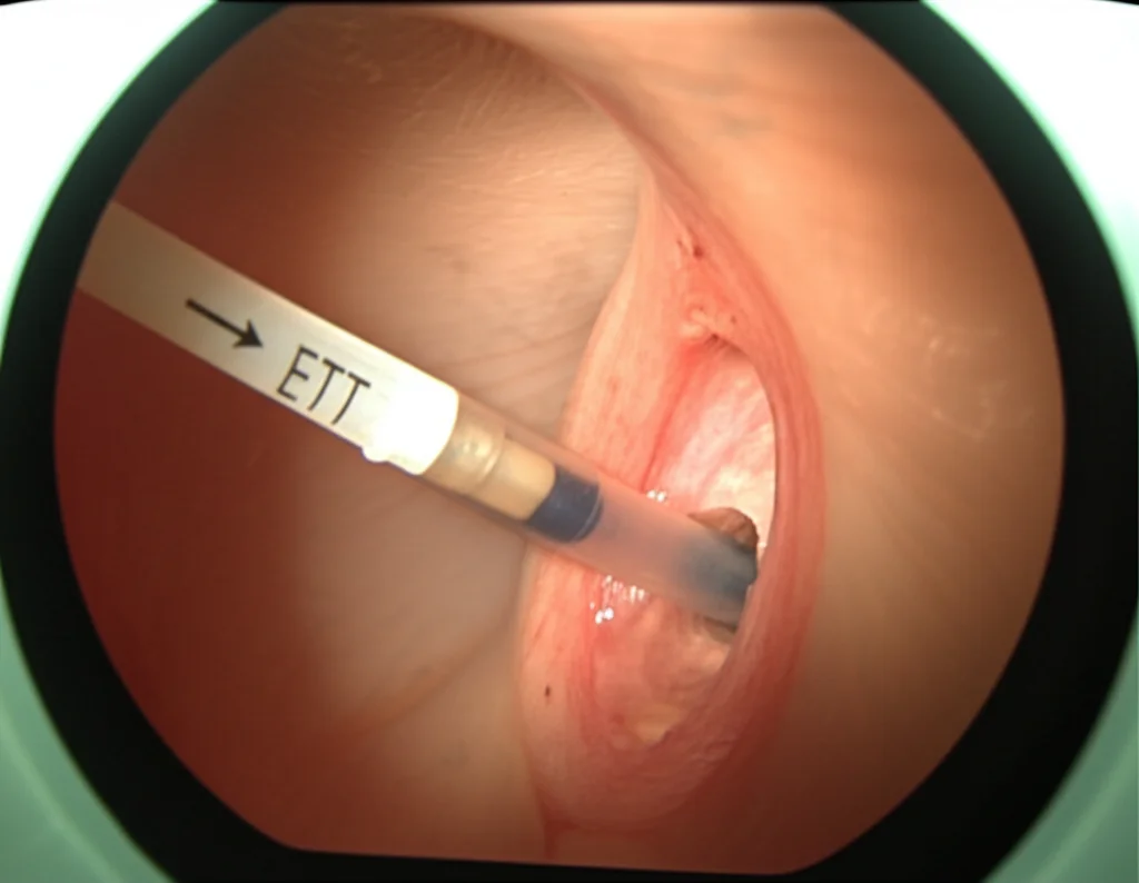 Immagine endoscopica realistica all'interno della trachea: si vedono affiancati un tubo endotracheale (ETT) e un broncoscopio flessibile che si avvicina a una lesione. Luce endoscopica chiara, focus preciso sugli strumenti e sulla parete tracheale, obiettivo con profondità di campo ridotta per isolare la scena, dettagli nitidi.