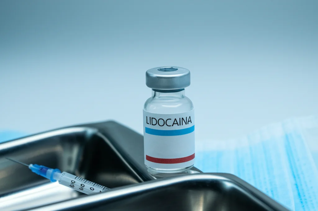 Primo piano macro di una fiala di lidocaina e una siringa su un vassoio medico sterile, illuminazione controllata da studio, alta definizione, focus preciso sull'etichetta della fiala. Lente macro 90mm.