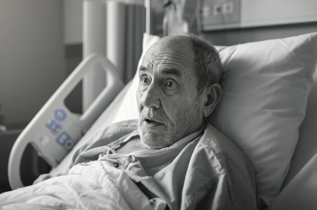 Ritratto di un paziente anziano in un letto d'ospedale che sembra confuso e disorientato, luce soffusa della stanza, espressione preoccupata. Fotografia ritratto, 35mm, bianco e nero cinematografico, profondità di campo ridotta per isolare il soggetto.