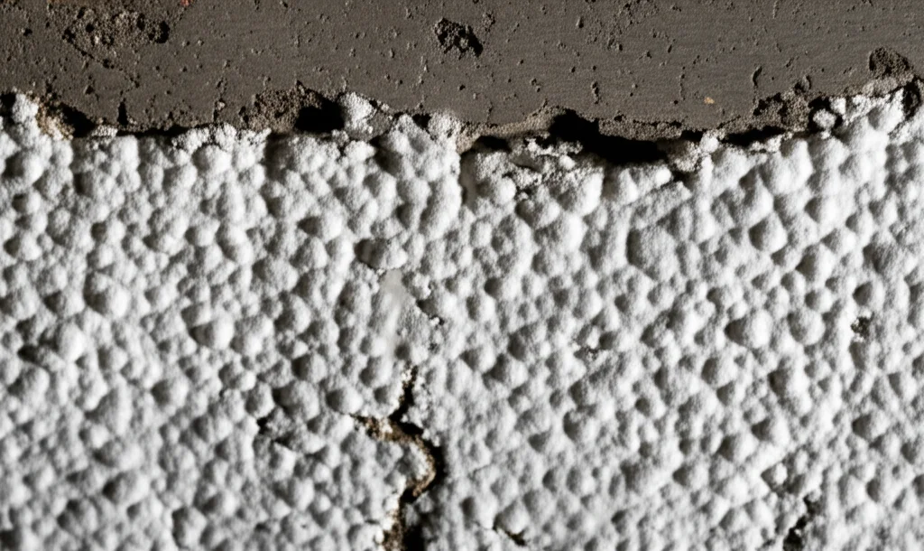 Vista Macroscopica di Battari al Lavoro Nel Cemento, CHE Producono Carbato Di Caldio per Micro-Fessure di Riempire, Evidenziando il processo di autoriparazione. Lenti macro, 80 mm, dettagli elevati, illuminazione controllata, vista ravvicinata di micro-crack in un campione di cemento riempito con carbonato di calcio cristallino bianco precipitato dai batteri, che mostra la consistenza del calcestruzzo e del precipitato.