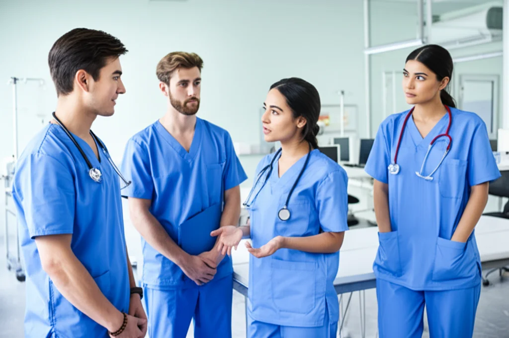 Fotografia di un piccolo gruppo di studenti infermieri (3-4 persone) che interagiscono empaticamente durante una simulazione in un laboratorio universitario. Uno studente ascolta attentamente mentre un altro parla gesticolando leggermente. Obiettivo standard 50mm, illuminazione ambientale chiara e pulita tipica di un laboratorio, focus selettivo sul gruppo, colori vividi ma realistici.