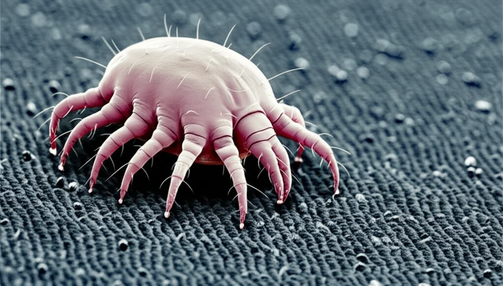 Macro fotografia di acari della polvere su un tessuto scuro, obiettivo macro 100mm, alta definizione, illuminazione controllata per evidenziare i dettagli degli acari.