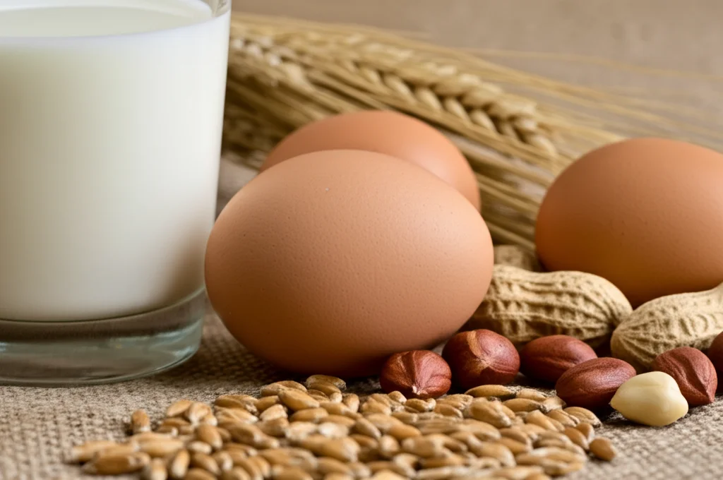 Composizione still life di alimenti allergenici comuni come grano, latte in un bicchiere, uova e un piccolo mucchio di arachidi e nocciole, obiettivo macro 60mm, messa a fuoco precisa, luce morbida e controllata.