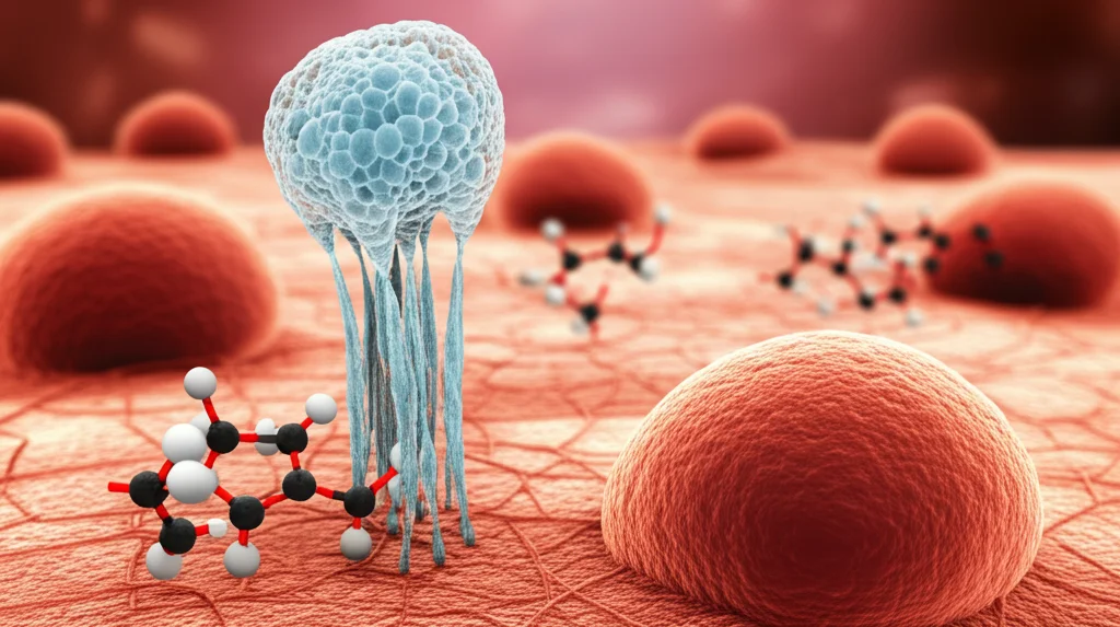 Visualizzazione 3D fotorealistica di recettori dell'insulina sulla superficie di una cellula muscolare, con molecole di aldosterone che interferiscono nelle vicinanze, obiettivo macro 60mm, alta definizione, illuminazione scientifica.