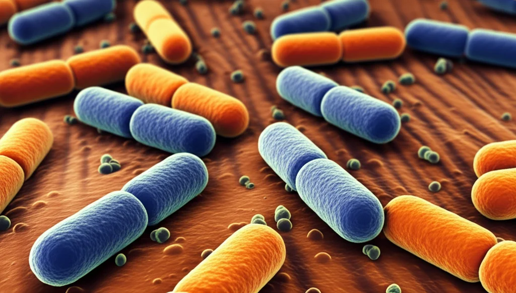 Visualizzazione artistica di colonie batteriche del phylum Proteobacteria che interagiscono con particelle di arsenico nel suolo. Immagine microscopica concettuale, colori vivaci contrastanti (es. blu e arancione duotone), profondità di campo per mettere a fuoco i batteri in primo piano.
