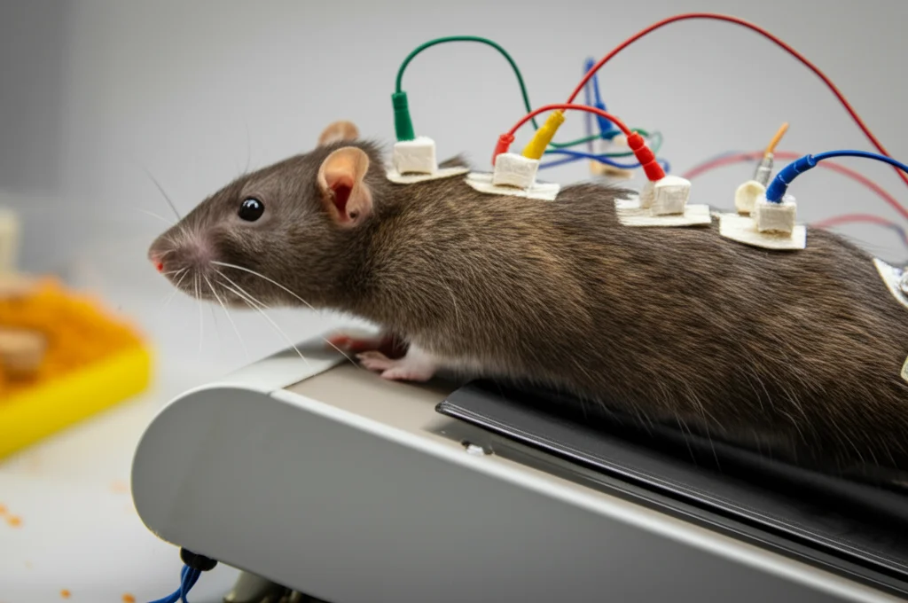 Fotografia macro di un ratto Wistar su un tapis roulant in un laboratorio scientifico, con elettrodi EMG visibili collegati alla testa e marcatori riflettenti sulla schiena. Obiettivo macro 100mm, alta definizione, illuminazione controllata da laboratorio, messa a fuoco precisa sul dorso del ratto.