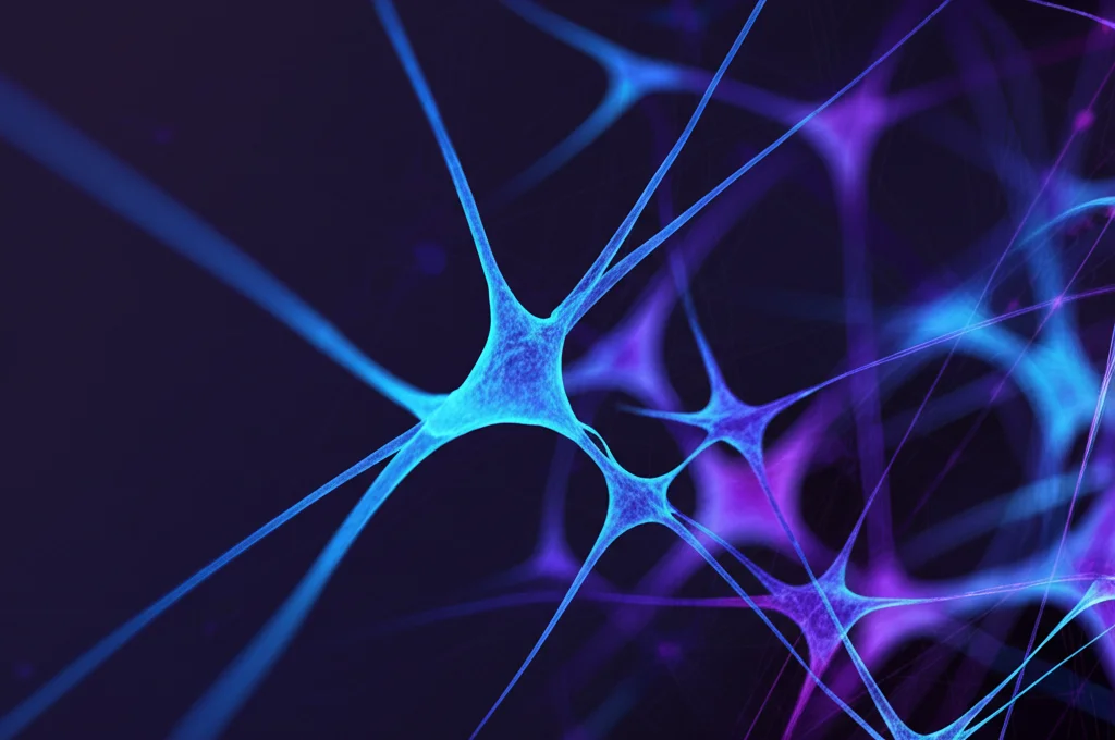 Visualizzazione astratta di una rete neurale complessa con nodi luminosi interconnessi su sfondo scuro, lente prime 50mm, profondità di campo ridotta, colori blu elettrico e viola, simboleggiando l'analisi dei cluster e delle connessioni nella ricerca fintech.