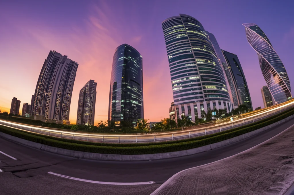Fotografia wide-angle di un moderno skyline urbano al tramonto con grattacieli illuminati che rappresentano centri finanziari globali, lente wide-angle 18mm, lunga esposizione per scie luminose, messa a fuoco nitida, colori caldi arancio e viola.