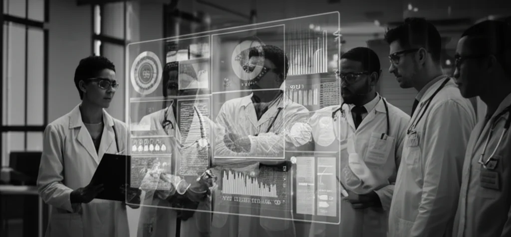 Ritratto di un gruppo diversificato di ricercatori e professionisti che collaborano attorno a uno schermo olografico che mostra dati fintech, lente prime 35mm, stile film noir con contrasti forti, bianco e nero, simboleggiando la collaborazione e il futuro della ricerca.