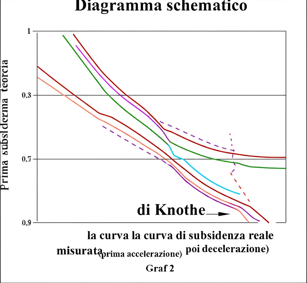 Diagramma schematico che confronta la curva di subsidenza teorica del modello di Knothe (accelerazione decrescente) con la curva di subsidenza reale misurata (prima accelerazione, poi decelerazione). Grafico 2D con linee distinte, etichette chiare. Illuminazione neutra, stile grafico pulito.