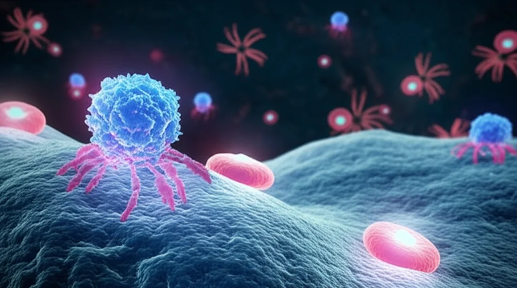 Macro fotografia, 85mm lens, di strutture anticorpali stilizzate e luminose che interagiscono con linfociti B su uno sfondo scuro e dettagliato, messa a fuoco precisa, illuminazione controllata, rappresentazione della ricerca sull'autoimmunità.