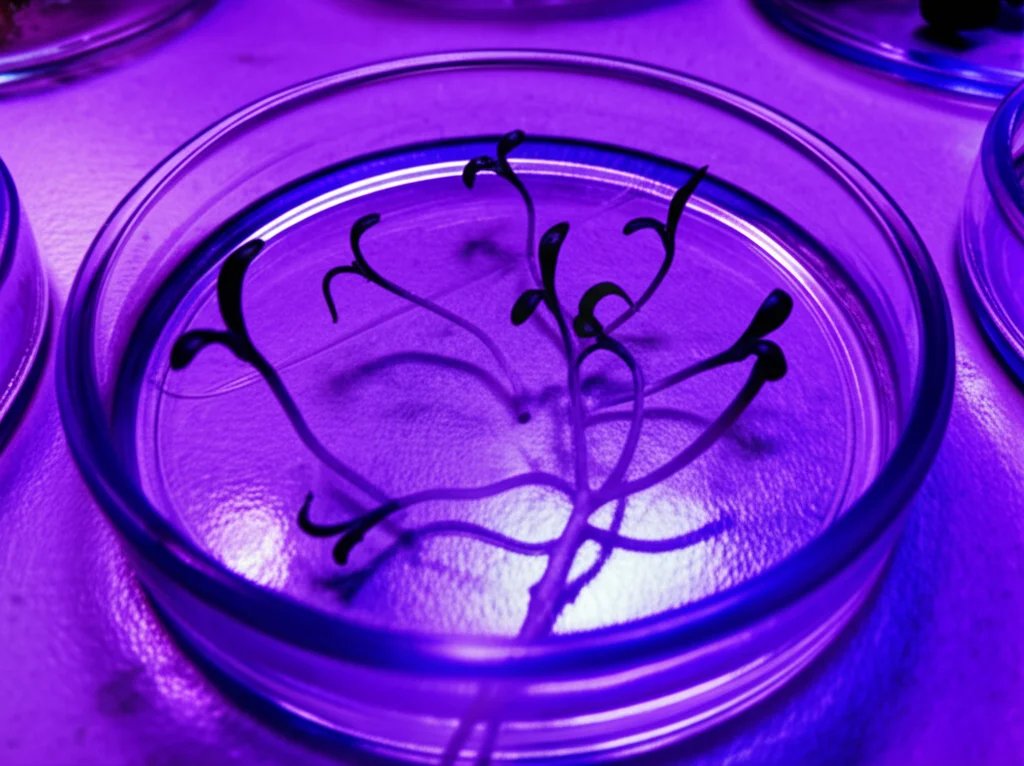 Piantine di Arabidopsis thaliana in una capsula di Petri sotto luce di crescita viola e blu, una linea transgenica mostra chiaramente un ipocotile più lungo rispetto al controllo wild-type, fotografia macro con obiettivo 60mm, messa a fuoco precisa sui dettagli delle piantine.