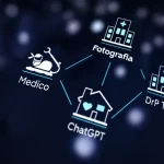 Fotografia concettuale vista dall'alto: tre percorsi luminosi divergenti su uno sfondo scuro astratto, etichettati simbolicamente 'Medico', 'DRP Tool', 'ChatGPT', che conducono verso diverse icone rappresentanti strutture sanitarie (ospedale, clinica, casa di cura). Obiettivo grandangolare 24mm, focus nitido su tutta la scena, illuminazione drammatica che evidenzia i percorsi.