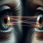 Fotografia ultra-realistica di due occhi umani stilizzati che si fronteggiano, con linee luminose che collegano direttamente le retine visibili attraverso le pupille, simboleggiando il crosstalk retinico diretto, obiettivo prime 50mm, profondità di campo, illuminazione drammatica.