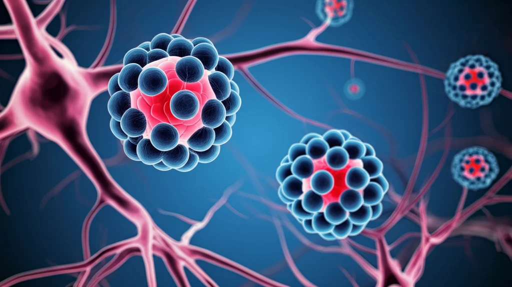 Immagine concettuale astratta ad alto dettaglio di fullereni idrossilati (molecole simili a palloni da calcio con gruppi OH) che interagiscono con neuroni stilizzati, obiettivo macro 85mm, profondità di campo ridotta, illuminazione scientifica pulita, per simboleggiare la neuroprotezione a livello molecolare.