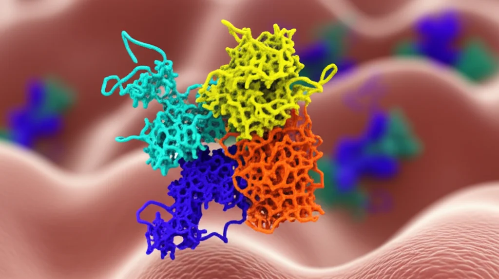 Immagine fotorealistica, primo piano, obiettivo macro 100mm, alto dettaglio, che mostra una molecola di anticorpo con intricate catene di zuccheri (glicani) attaccate alla sua regione Fab, su uno sfondo sfocato di cellule immunitarie, illuminazione controllata che enfatizza la struttura del glicano.